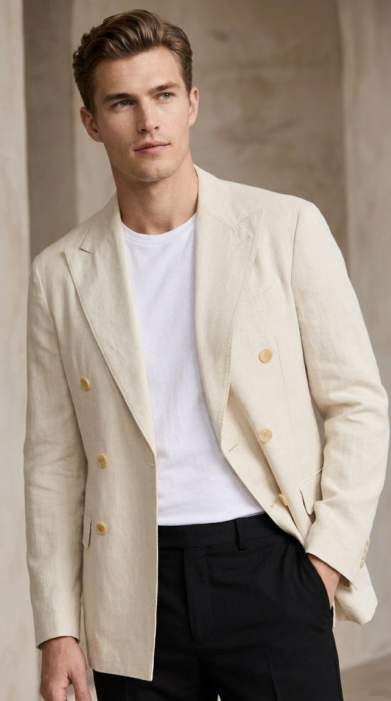 Men’s Cream Double Breasted Blazer – Ivory 6 Button Formal Wedding Sport Coat Off White color