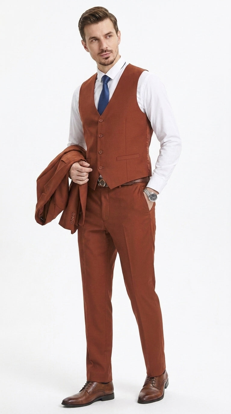 Stacy Adams Burnt Orange Suit – Men’s Rust 3-Piece Wedding & Formal Suit with Vest