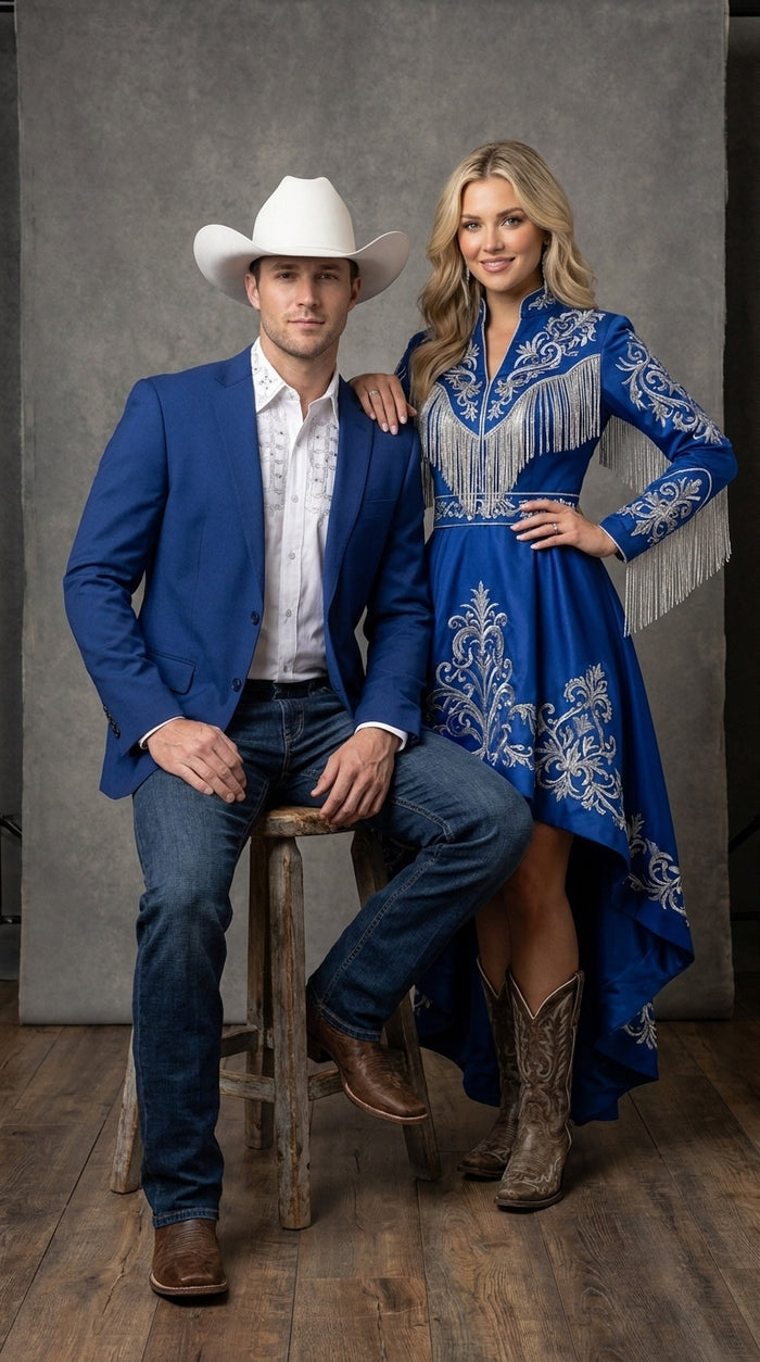 Men’s Dark Royal Blue Western Blazer – Cowboy Sport Coat Jacket with Two-Button Front Saphire Indigo Cobalt Blue