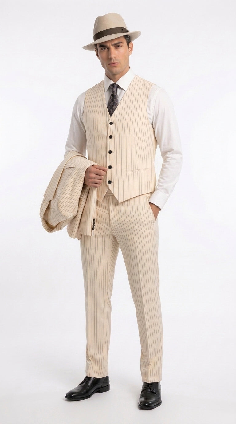 Men’s Ivory Cream Pinstripe Scarface Suit – Vintage Gangster Modern Fit 3-Piece Wedding Suit
