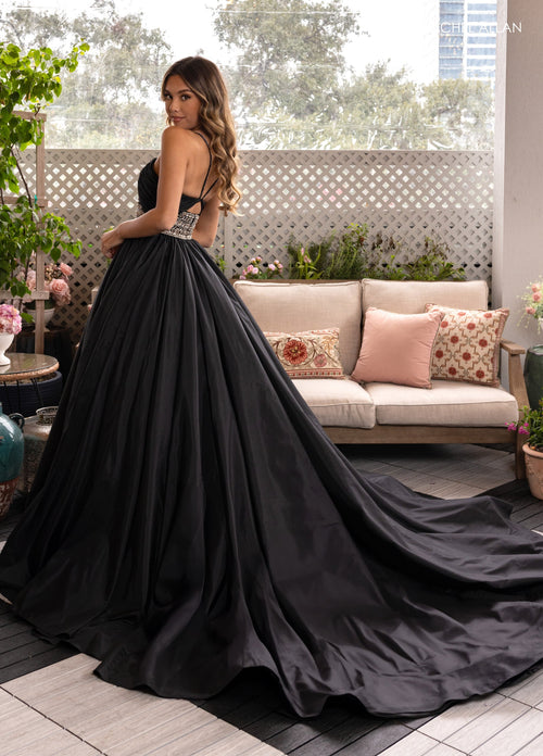 Tafetta Cutout A-line Slit Gown by Rachel Allan 50376