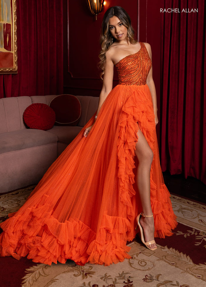 One Shoulder A-line Slit Gown by Rachel Allan 50383