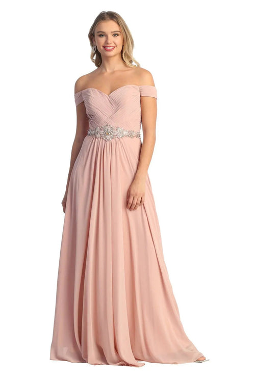 Cindy Collection 50409 Off Shoulder Pleated Dress Dress with Embellished Waist