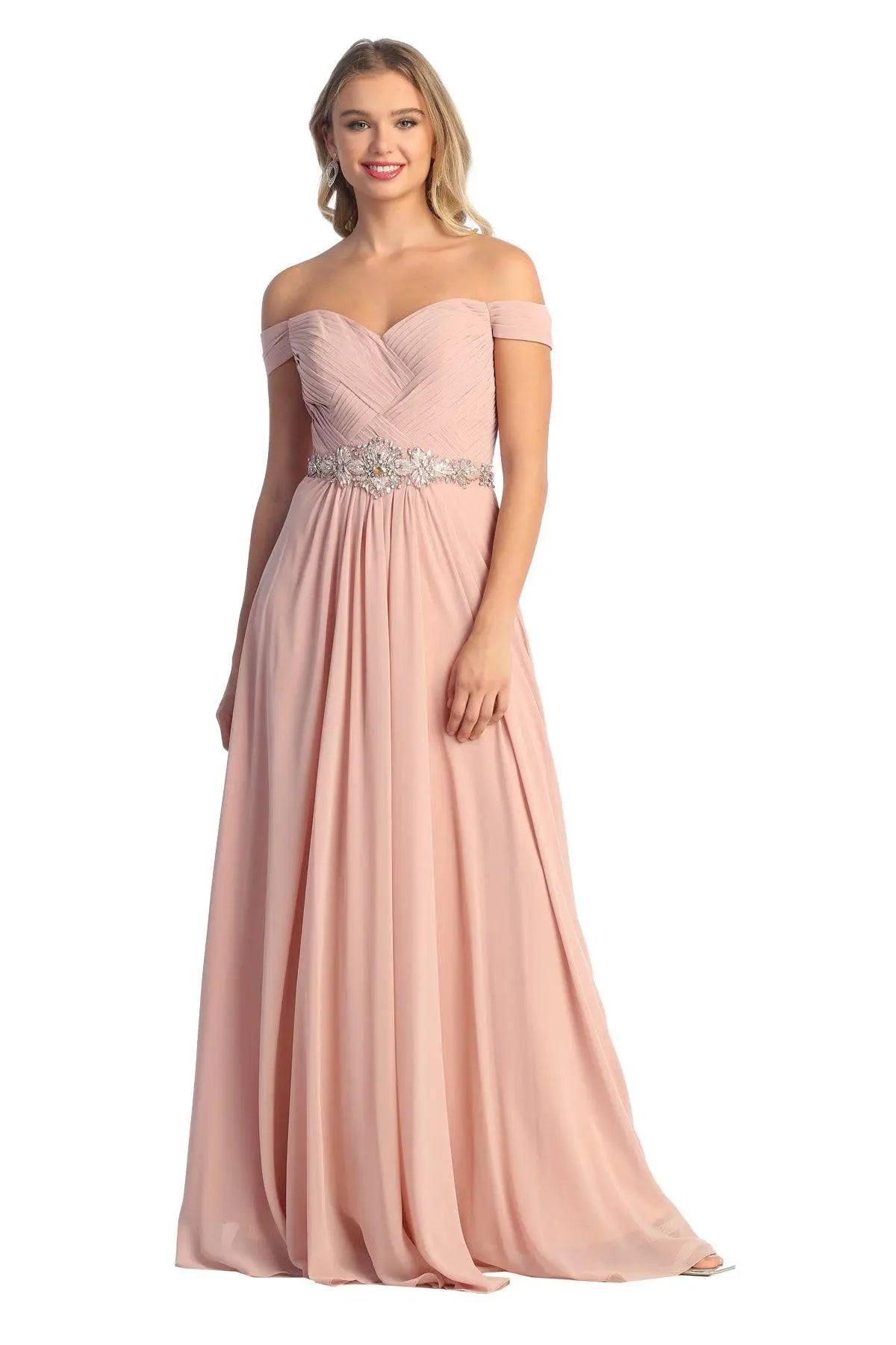 Cindy Collection 50409 Off Shoulder Pleated Dress Dress with Embellished Waist