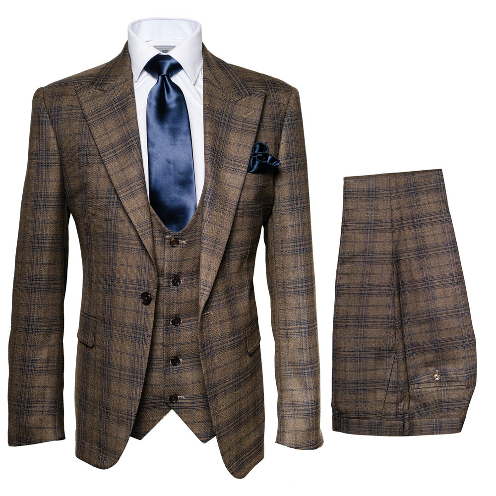 Mens Plaid Windowpane Business Suit - Brown