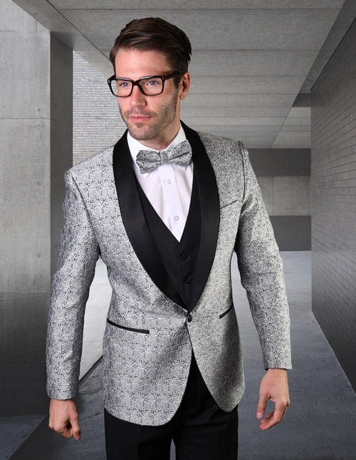 Mens Vested Lace Pattern Tuxedo in Silver