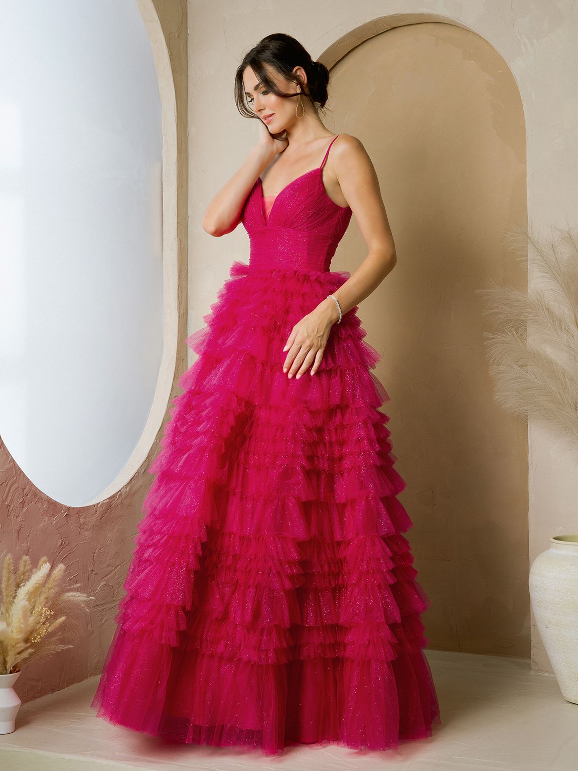 Eva USA EV5272 Glitter-Accented Structured Bodice Long Ball Dress