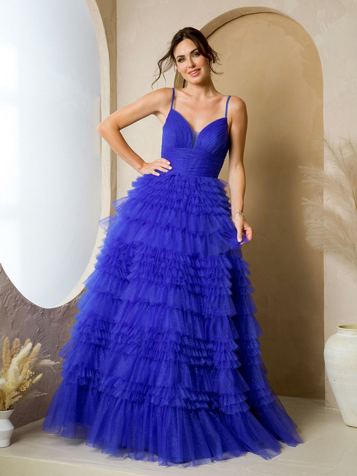 Eva USA EV5272 Glitter-Accented Structured Bodice Long Ball Dress
