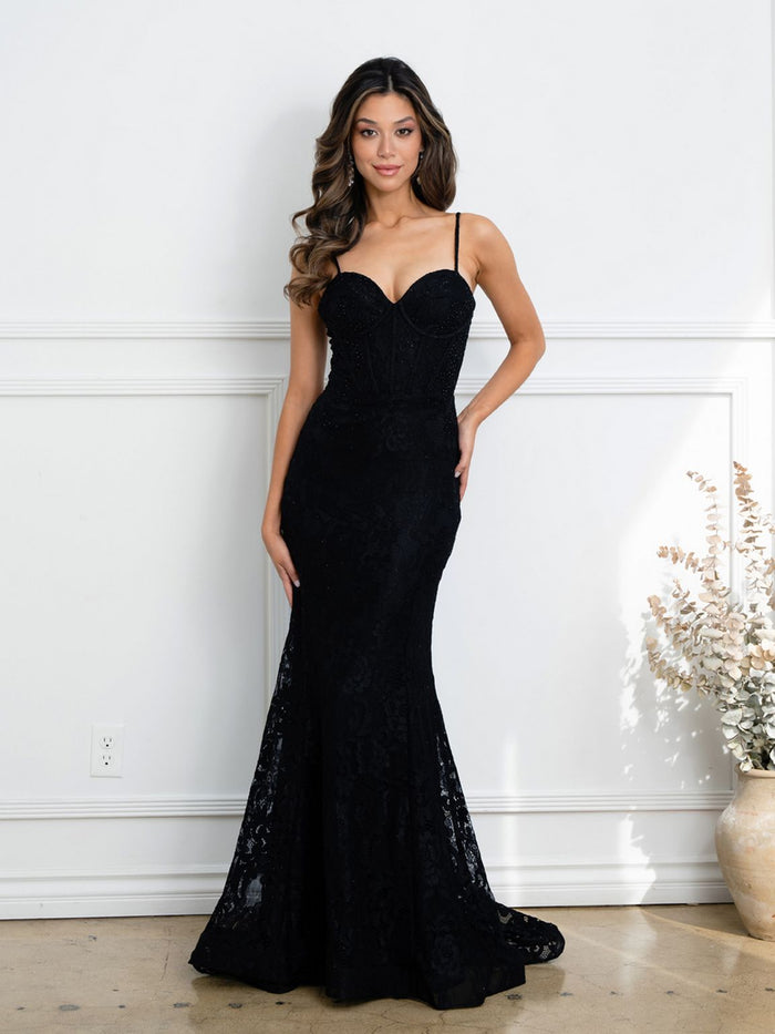 Eva USA EV5277 Structured Corset Lace Overlay Evening Dress