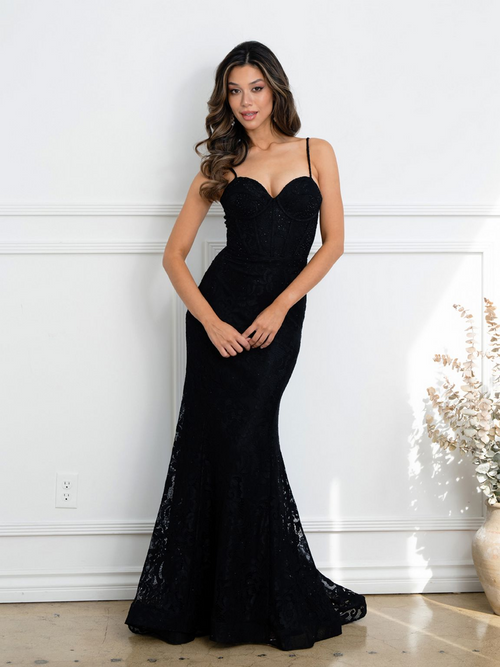 Eva USA EV5277 Structured Corset Lace Overlay Evening Dress