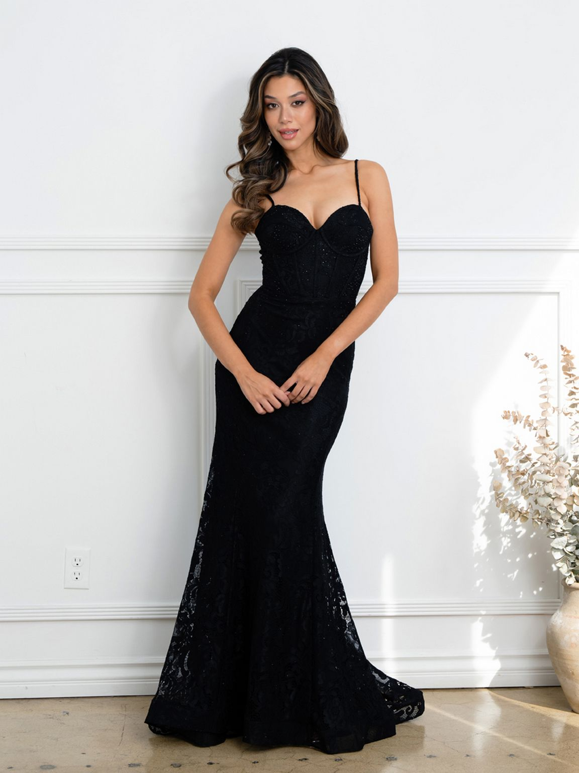 Eva USA EV5277 Structured Corset Lace Overlay Evening Dress