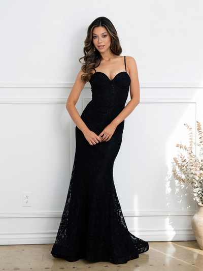 Eva USA EV5277 Structured Corset Lace Overlay Evening Dress