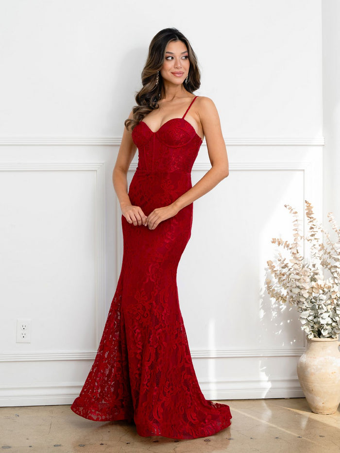 Eva USA EV5277 Structured Corset Lace Overlay Evening Dress