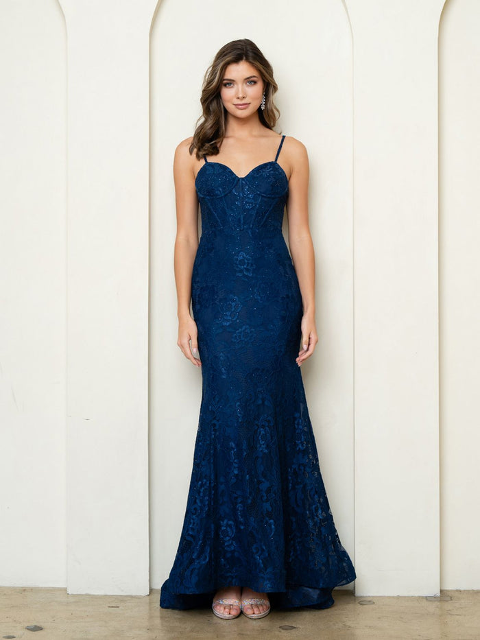 Eva USA EV5277 Structured Corset Lace Overlay Evening Dress
