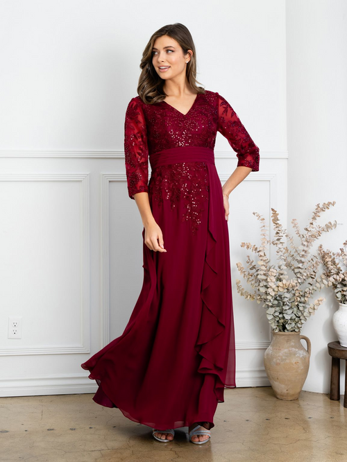 Eva USA EV5283 Pleated V-Neck Stretch Dress with Full Lining