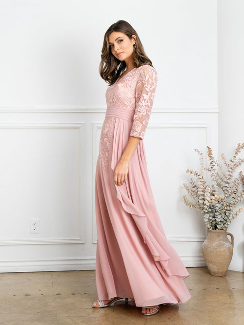 Eva USA EV5283 Pleated V-Neck Stretch Dress with Full Lining