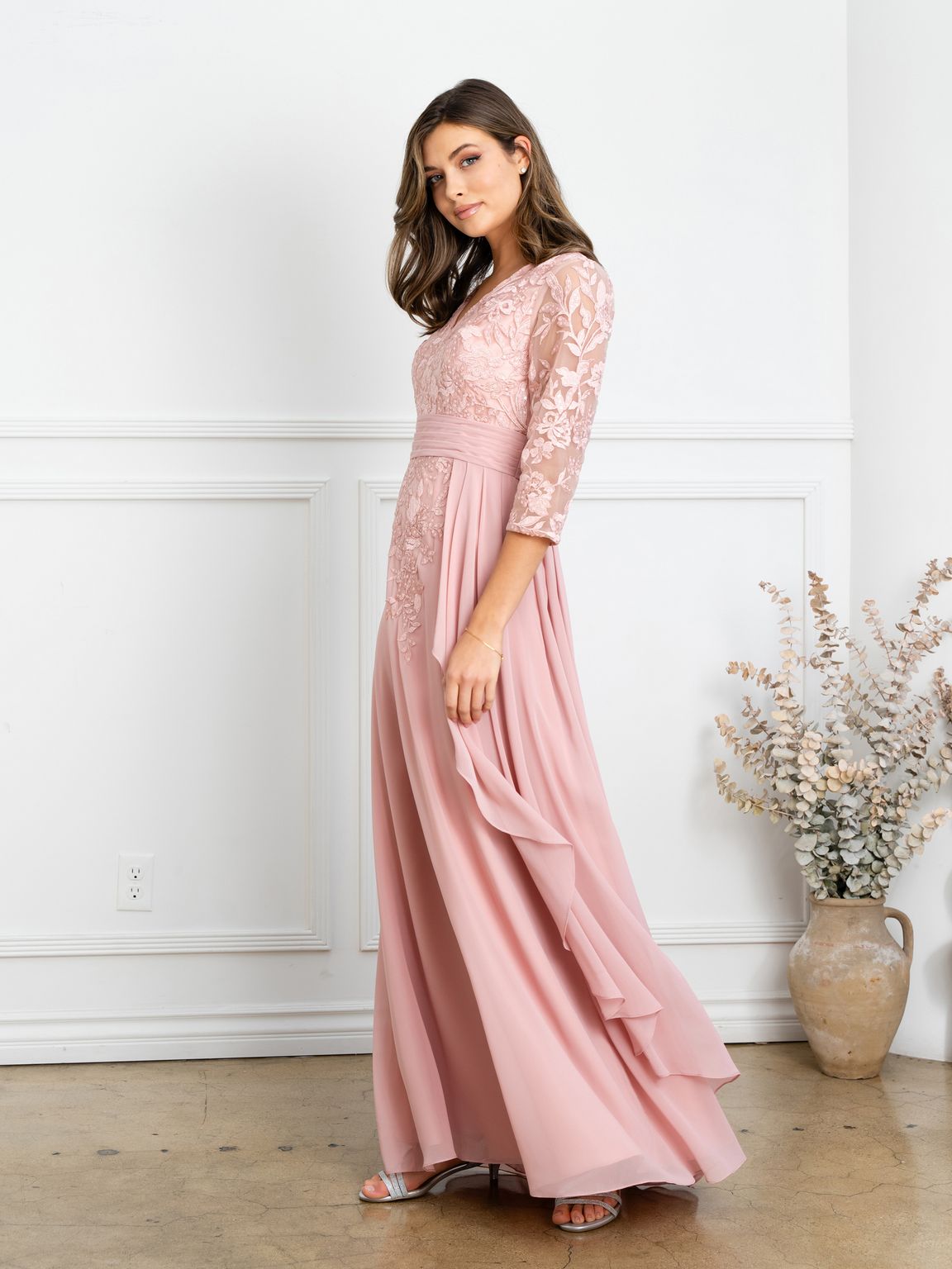 Eva USA EV5283 Pleated V-Neck Stretch Dress with Full Lining