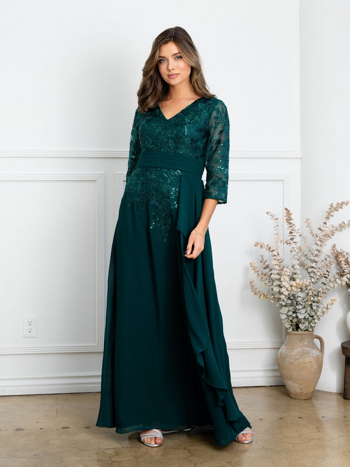 Eva USA EV5283 Pleated V-Neck Stretch Dress with Full Lining