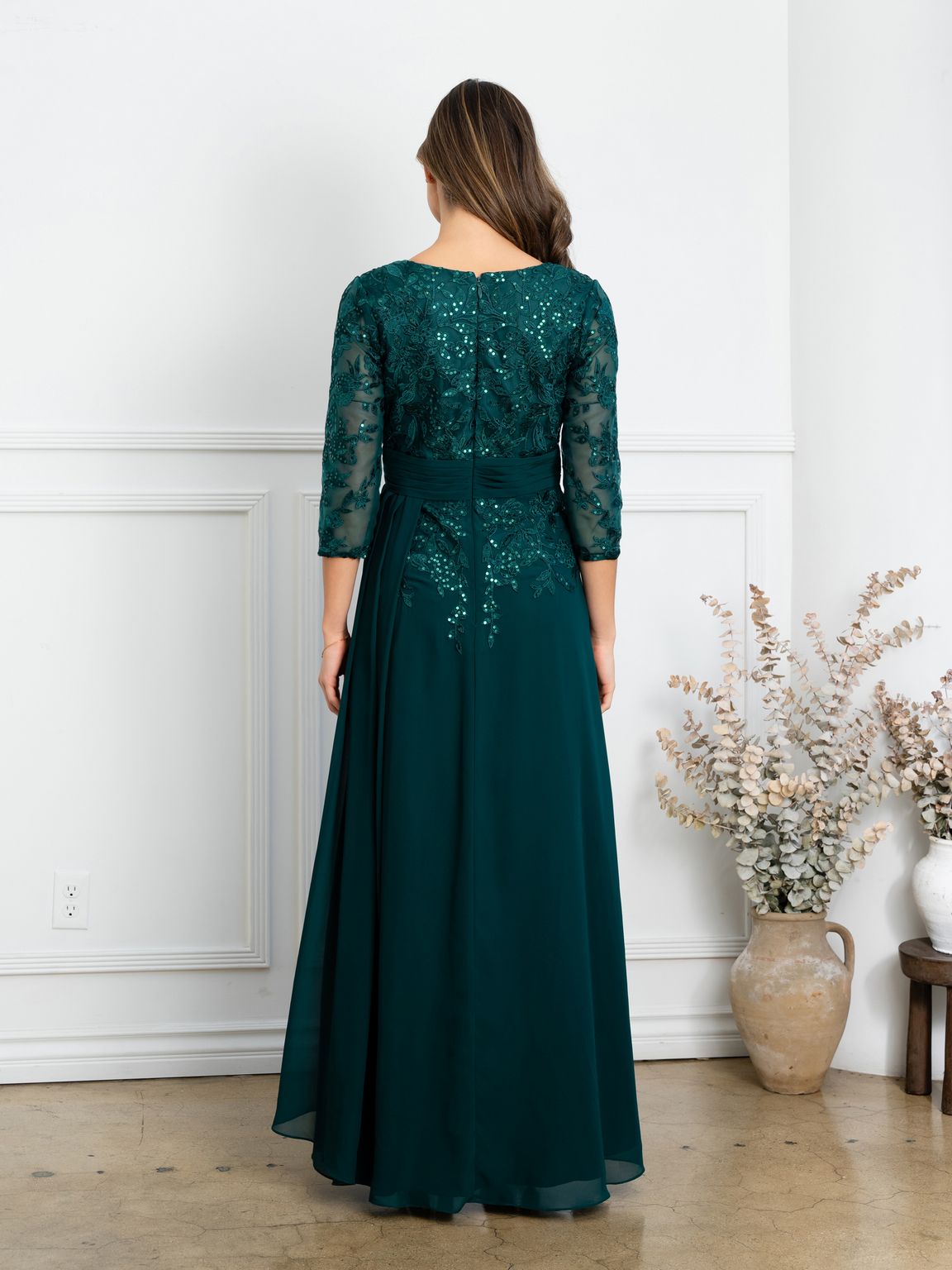 Eva USA EV5283 Pleated V-Neck Stretch Dress with Full Lining