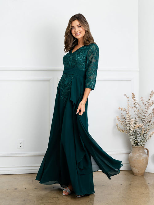 Eva USA EV5283 Pleated V-Neck Stretch Dress with Full Lining