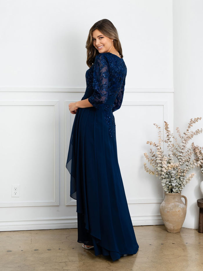 Eva USA EV5283 Pleated V-Neck Stretch Dress with Full Lining