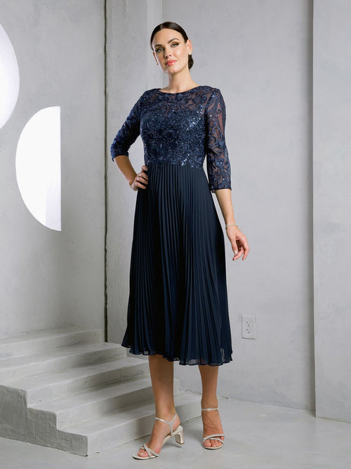 Eva USA EV5285 Short Pleated Lace Midi Dress with Sheer Sleeves