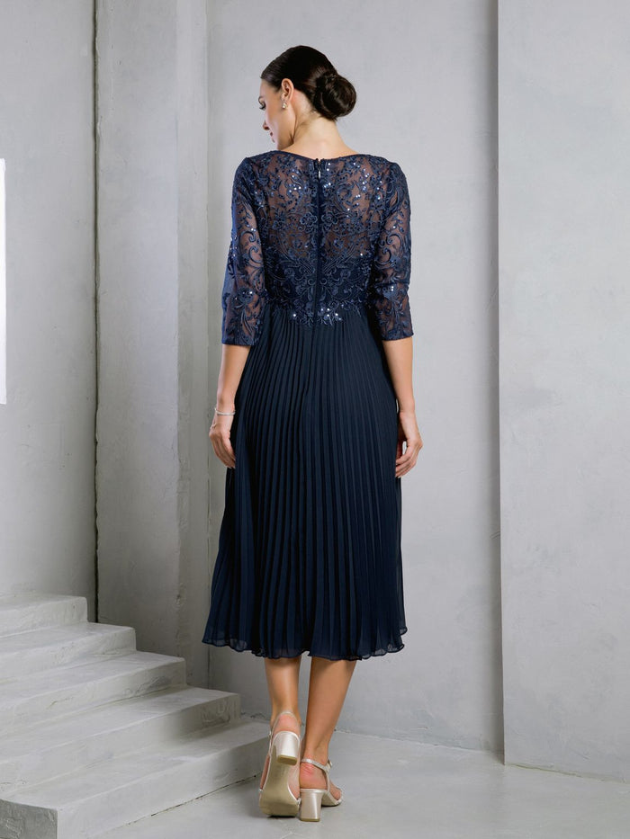 Eva USA EV5285 Short Pleated Lace Midi Dress with Sheer Sleeves