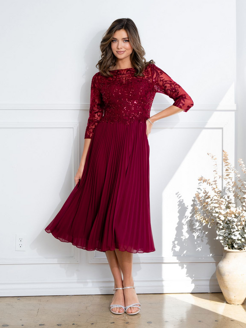 Eva USA EV5285 Short Pleated Lace Midi Dress with Sheer Sleeves