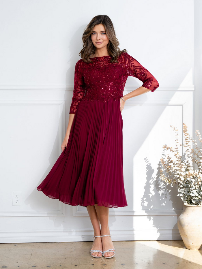 Eva USA EV5285 Short Pleated Lace Midi Dress with Sheer Sleeves