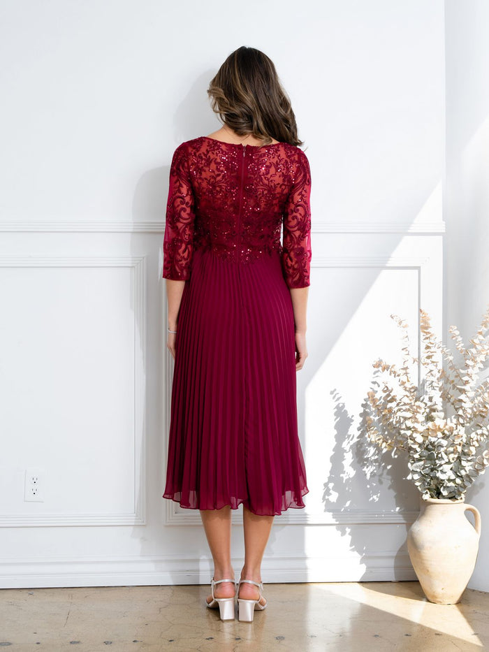 Eva USA EV5285 Short Pleated Lace Midi Dress with Sheer Sleeves