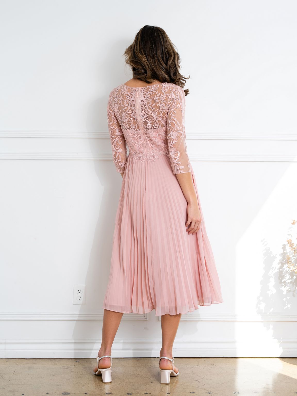 Eva USA EV5285 Short Pleated Lace Midi Dress with Sheer Sleeves