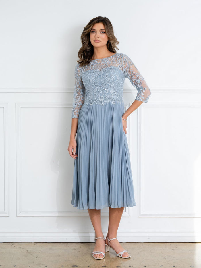 Eva USA EV5285 Short Pleated Lace Midi Dress with Sheer Sleeves