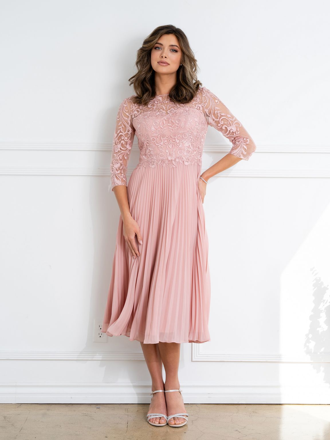 Eva USA EV5285 Short Pleated Lace Midi Dress with Sheer Sleeves