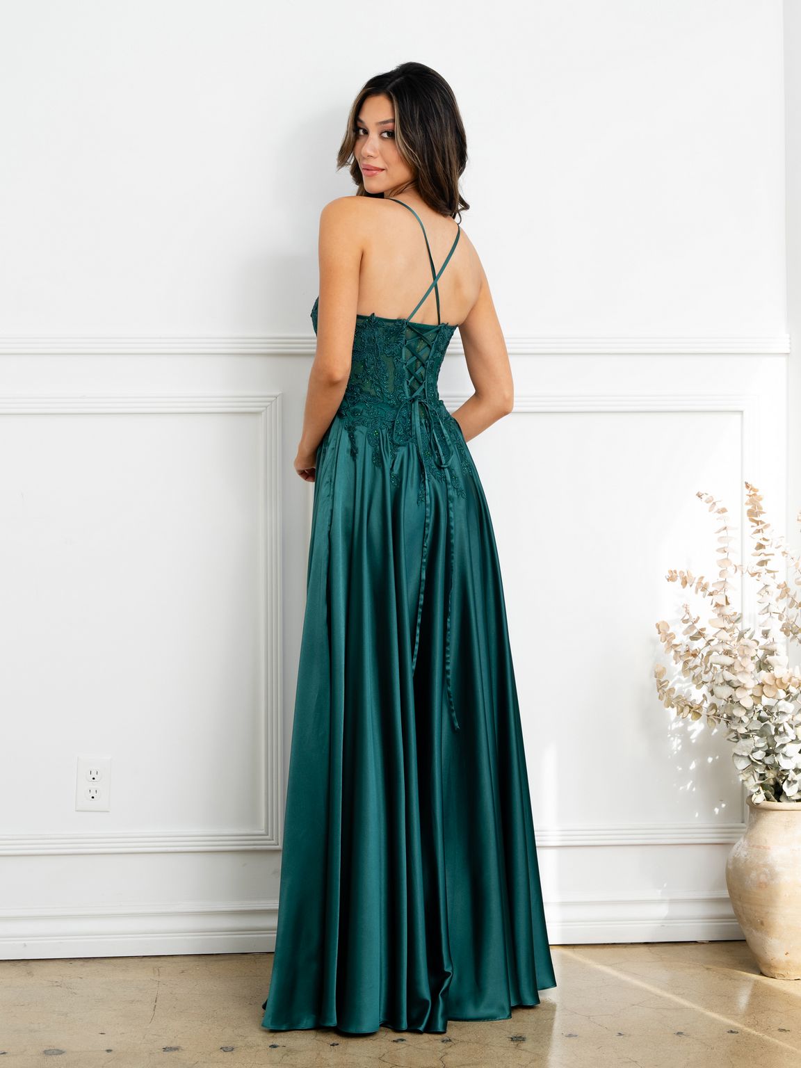 Eva USA EV5289 A-Line Lace Corset Dress with Appliqué and Boning Construction