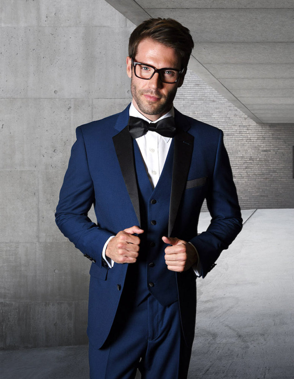 Mens Classic Modern Fit 2 Button Vested Wool Tuxedo in Sapphire Blue – SuitUSA