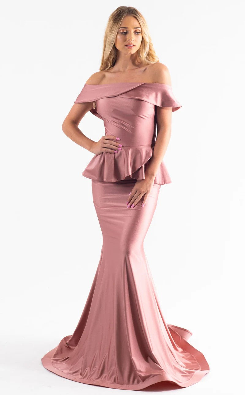 Jessica Angel JA550 Off-Shoulder Mermaid Open Back Ruched Jersey Dress
