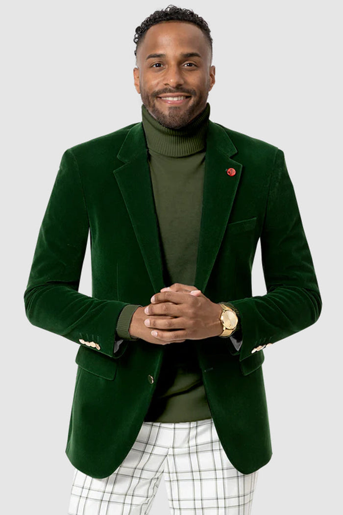 Mens Two Button Modern Fit Velvet Blazer in Hunter Green by EJ Samuel