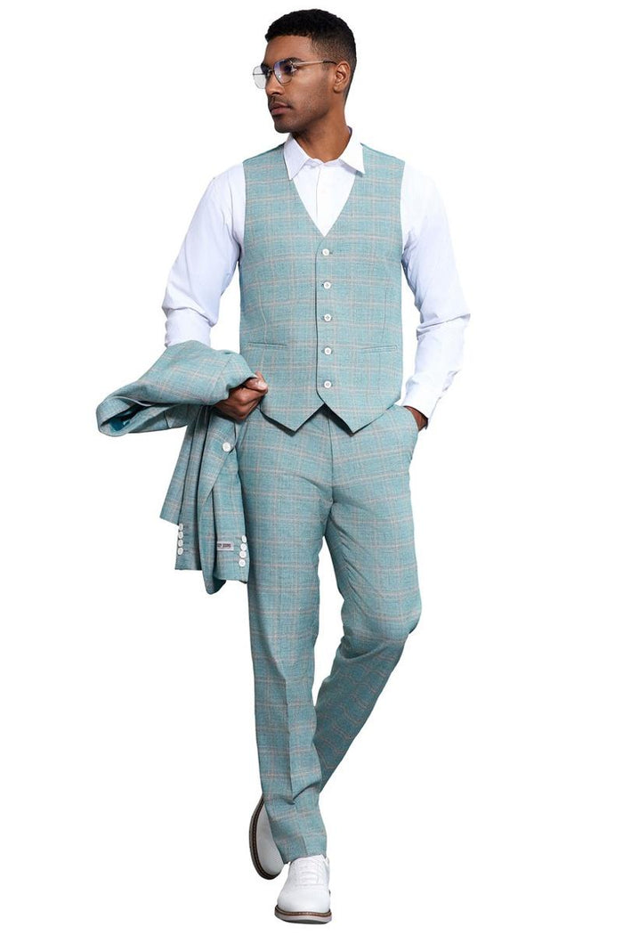 Men's Stacy Adams Vested Peak Lapel Light Turquoise Green Plaid Prom & Wedding Suit