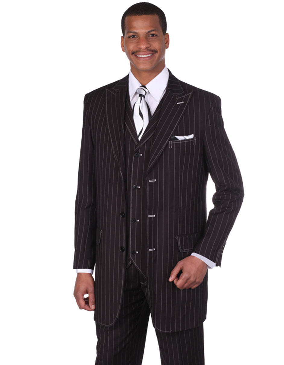 Mens 3 Button Peak Lapel Bold Pinstripe Gangster Suit in Black & White - Men's Tuxedo USA – SuitUSA