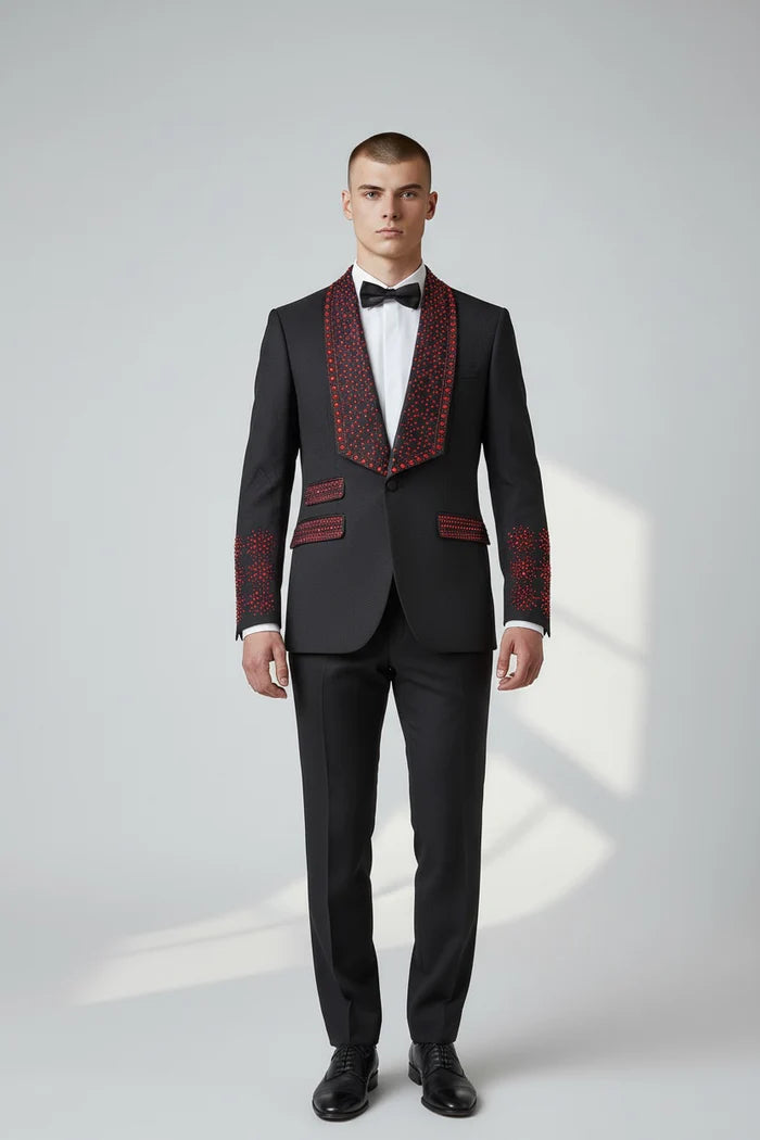 Men’s Bella Embellished Black & Royal Blue Tuxedo – 3 Piece Formal Suit with Shawl Lapel, Vest & Matching Pants – SuitUSA