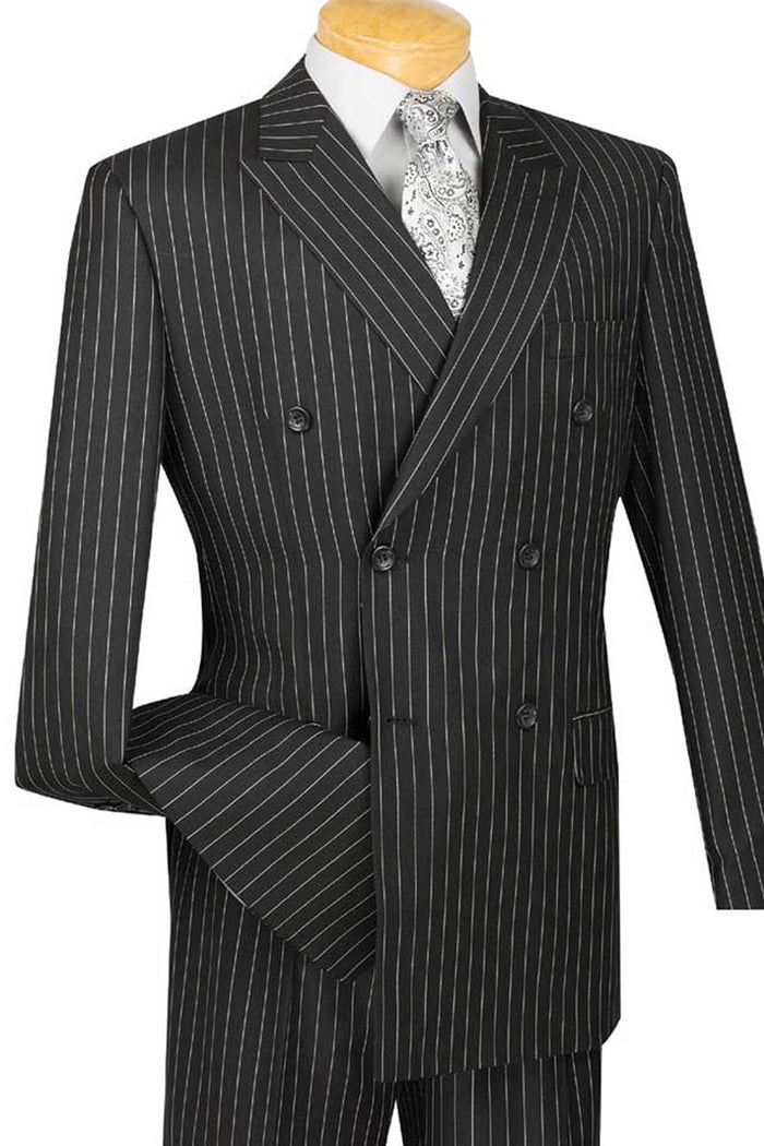 Mens Bold Pinstripe Double Breasted Suit in Indigo Blue by Vinci