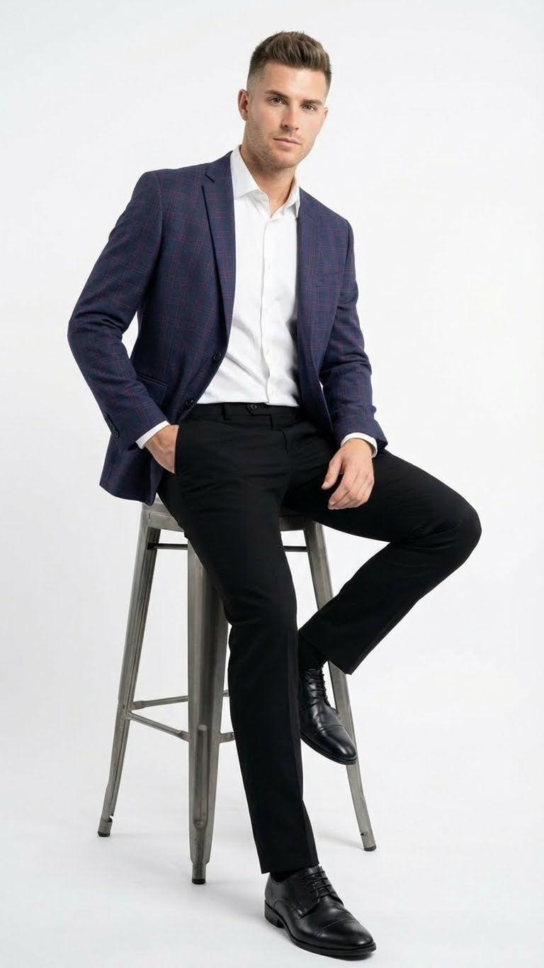 Men’s Big and Tall Navy Blue with Burgundy Plaid Jacket and Sport Coat – Wool Blazer