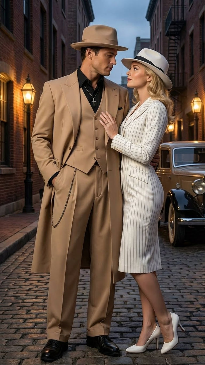 Men’s 1920s Beige Zoot Suit - Long Mafia Gangster Three-Piece Suit in Tan Khaki Color 40 inch Zuit Pachuco Suit by USA Men's Outlet
