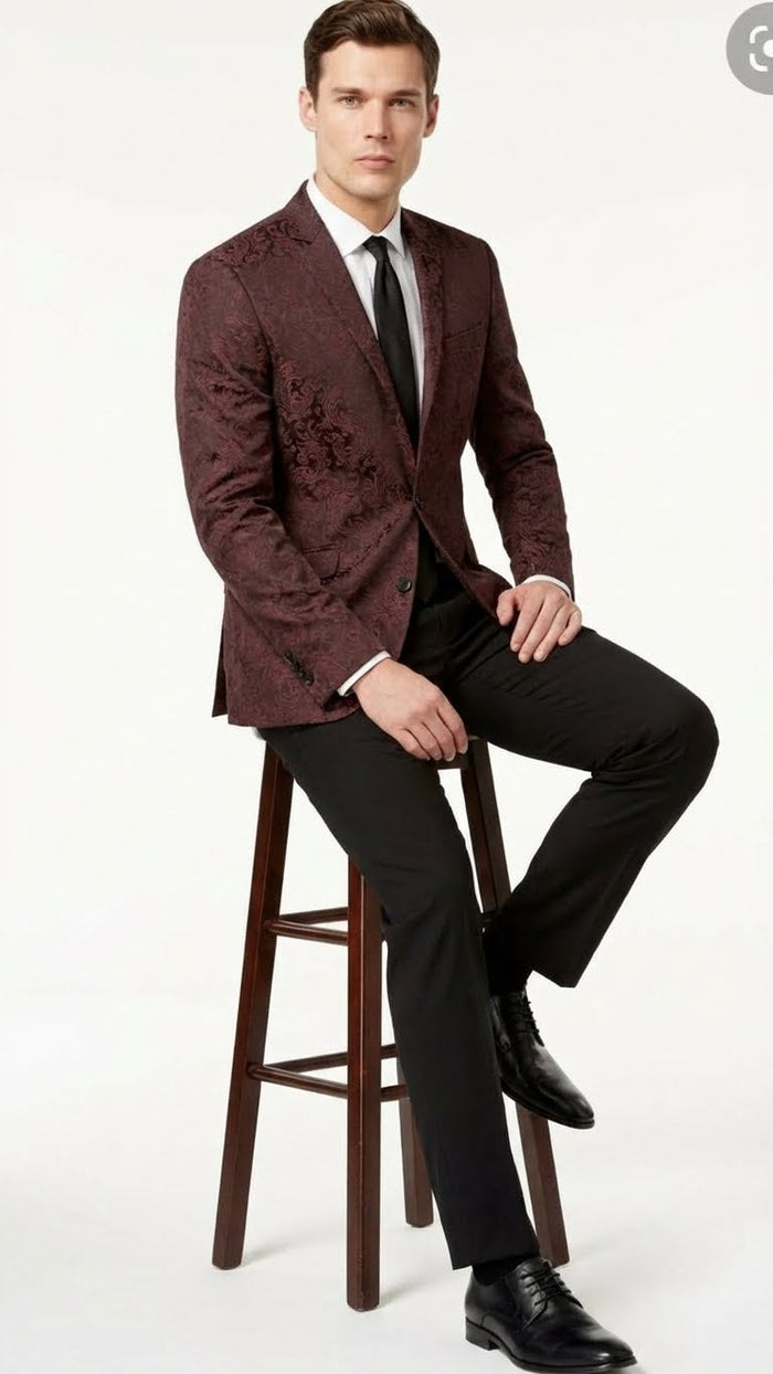 Men’s Burgundy Paisley Blazer Sport Coat - Velvet Dinner Jacket floral in Maroon Wine Color Ultra Slim Fit Smoking Jacket by USA Men's Outlet