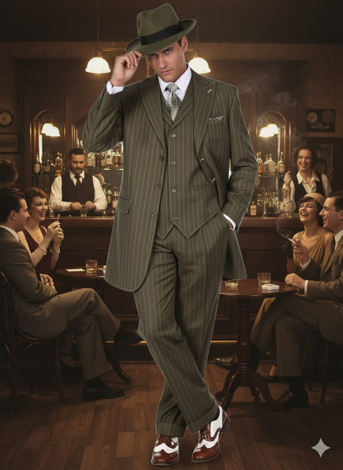 Mens Olive Green Pinstripe Zoot Suit - 1920s Gangster Vintage 3-Piece Suit for Formal and Themed Events - USA Men's Outlet