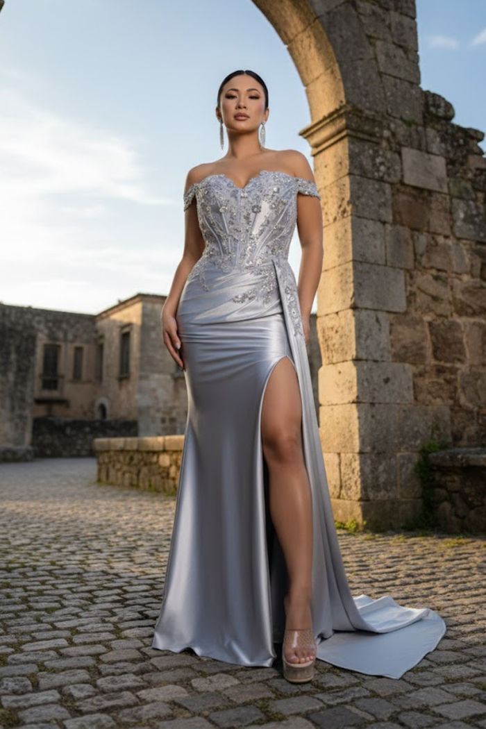 Off-Shoulder Sequin Applique Satin Evening Gown Formal Prom Dress By May Queen MQ2179