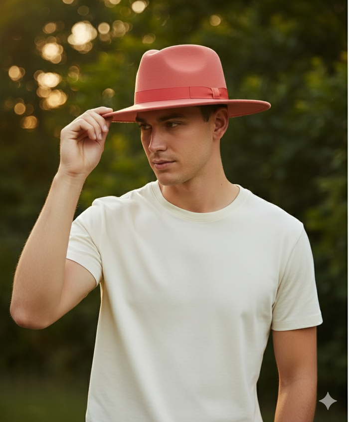 Men’s Coral Pink Wide Brim Fedora Hat - Wool Felt Dress Hat with Red Ribbon Band by USA Men's Outlet