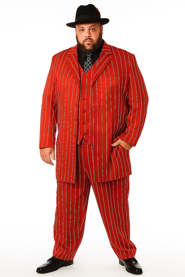Men’s Red Pinstripe Zoot Suit - 1920s Gangster Pimp Style with Long Jacket & Matching Hat by USA Men's Outlet