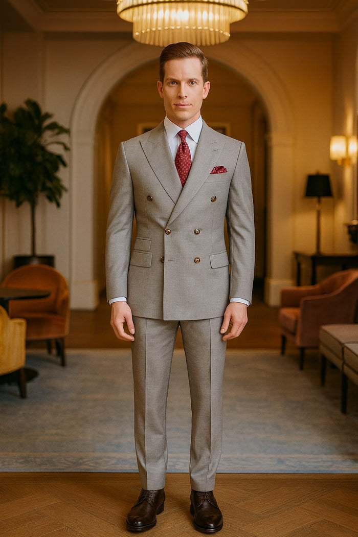 Mens Light Grey Double-Breasted Suit - Classic Slim Fit Business and Wedding Formal Attire by USA Men's Outlet