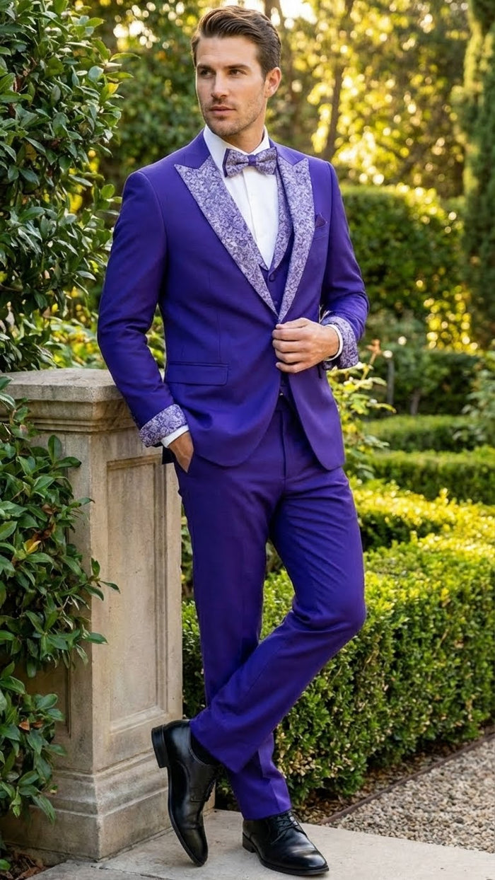 Men’s Purple and white sivler lapel Embellished Tuxedo Suit - Formal Wedding, Prom, and Gala Outfit Mardi Gras - USA Men's Outlet